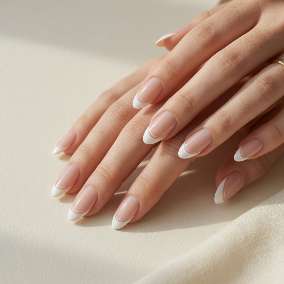 Almond French nails with nude base and white tips
