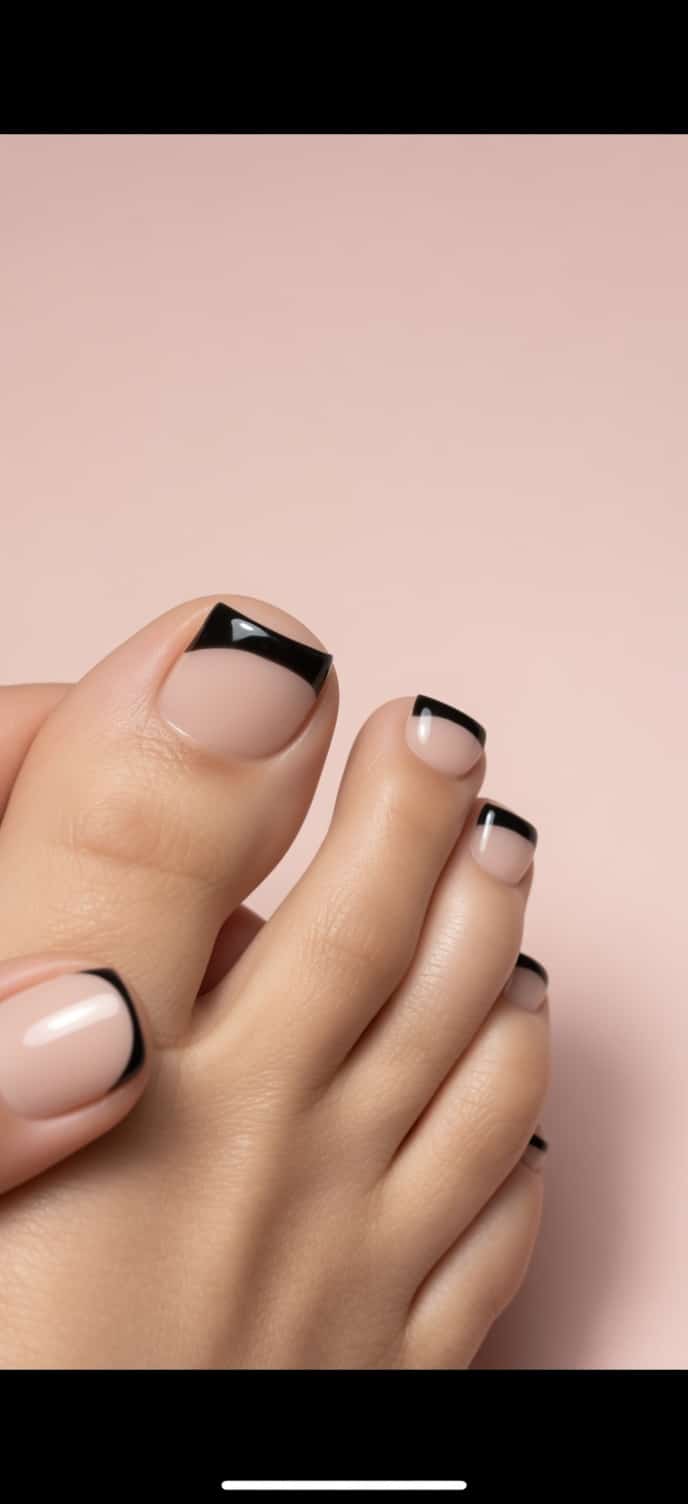 Black French tip toe nails styled with elegant white strappy heels