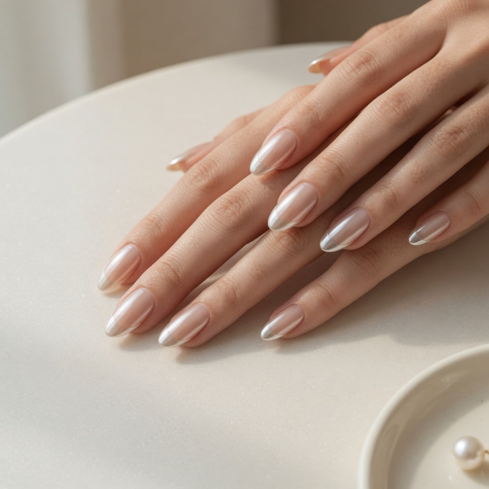 Chrome French tips with pearly glazed finish
