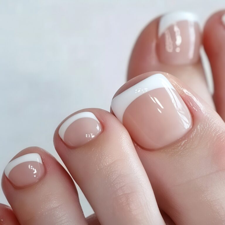 Classic acrylic French tip toes with glossy nude pink base and crisp white tips.