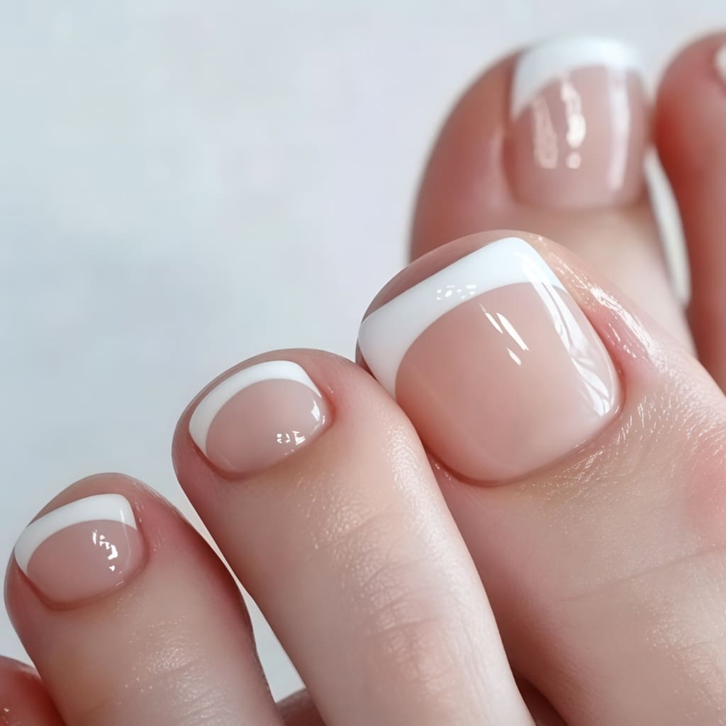Classic acrylic French tip toes with glossy nude pink base and crisp white tips.