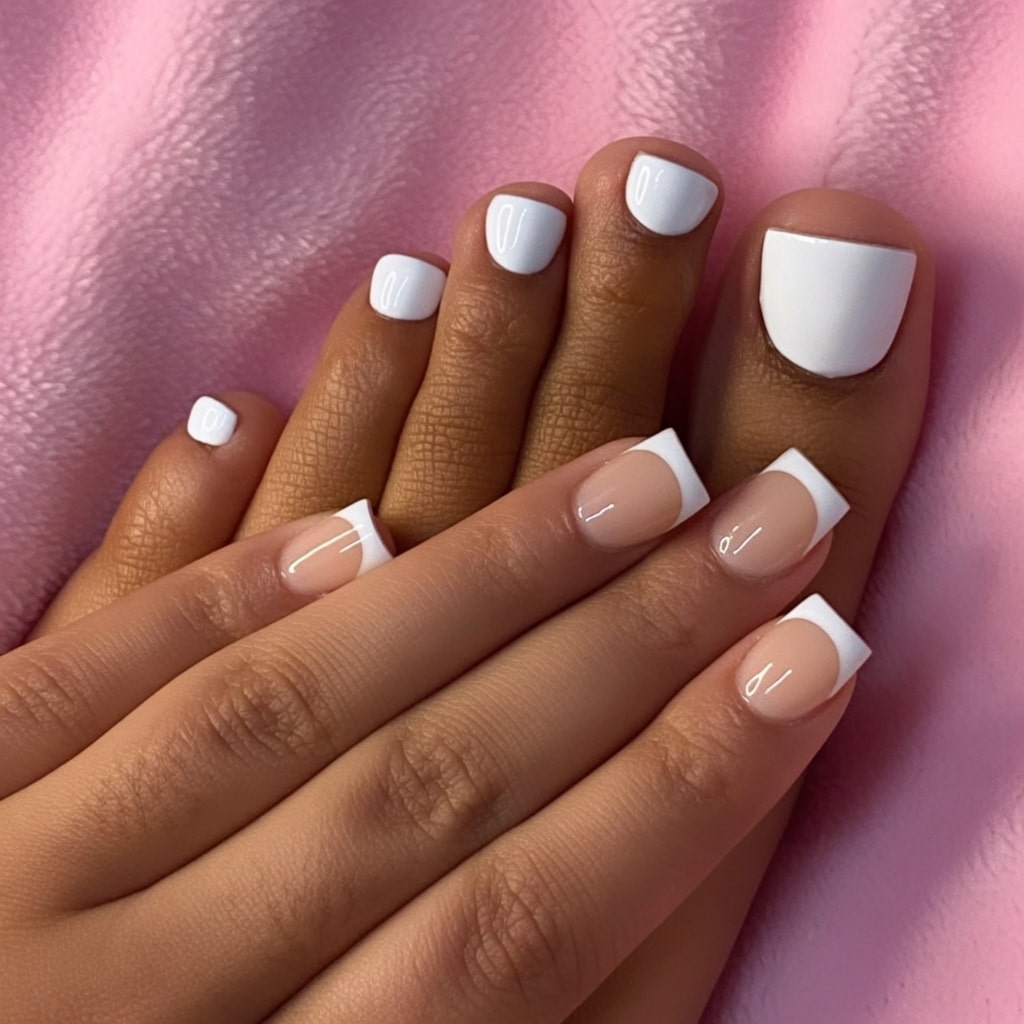 Classic white French tip toes with glossy square toenails on a soft pink towel.