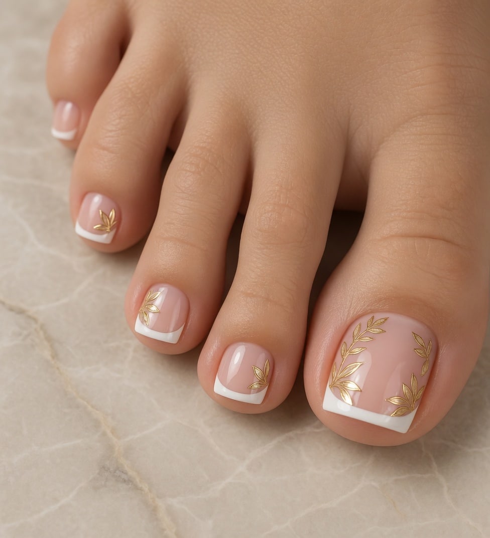 Clean nude acrylic French tip toes with glossy finish and thin white tips.