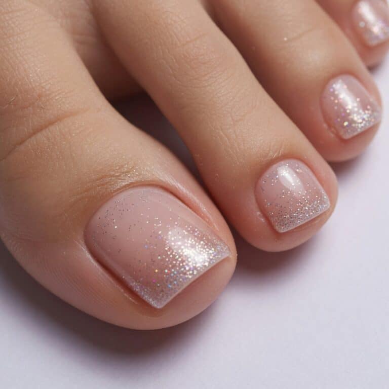 French tip toes with glitter on sheer nude or pink translucent base