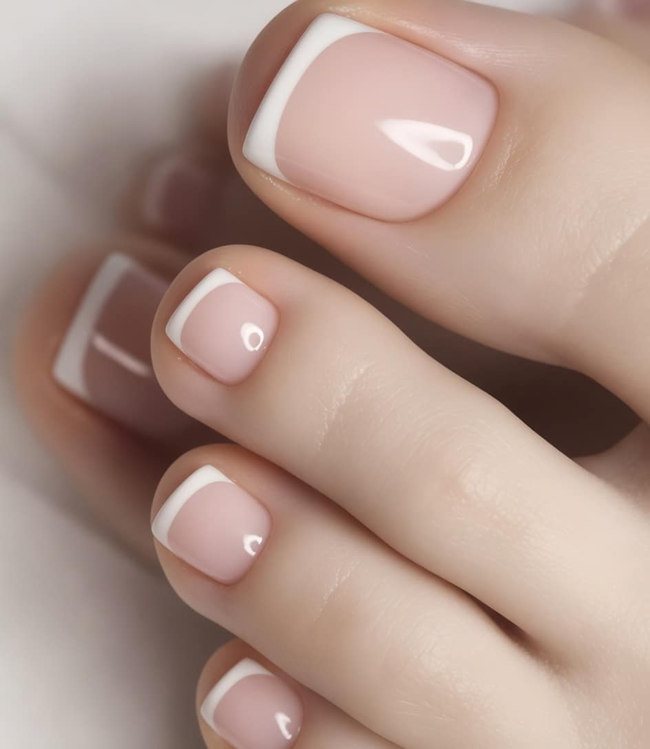Glossy pink acrylic French tip toes with square white tips on a soft salon background.