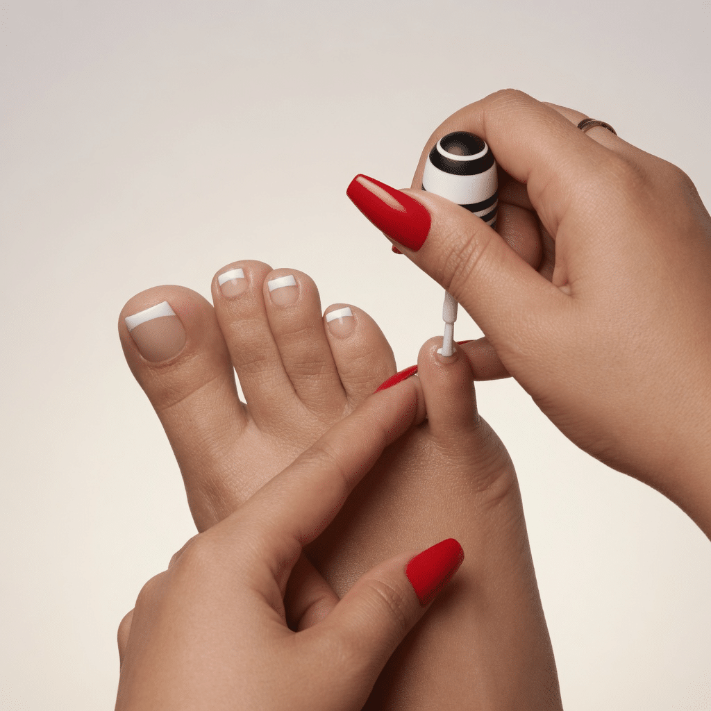 White French tips being painted on short square toenails during a clean pedicure.