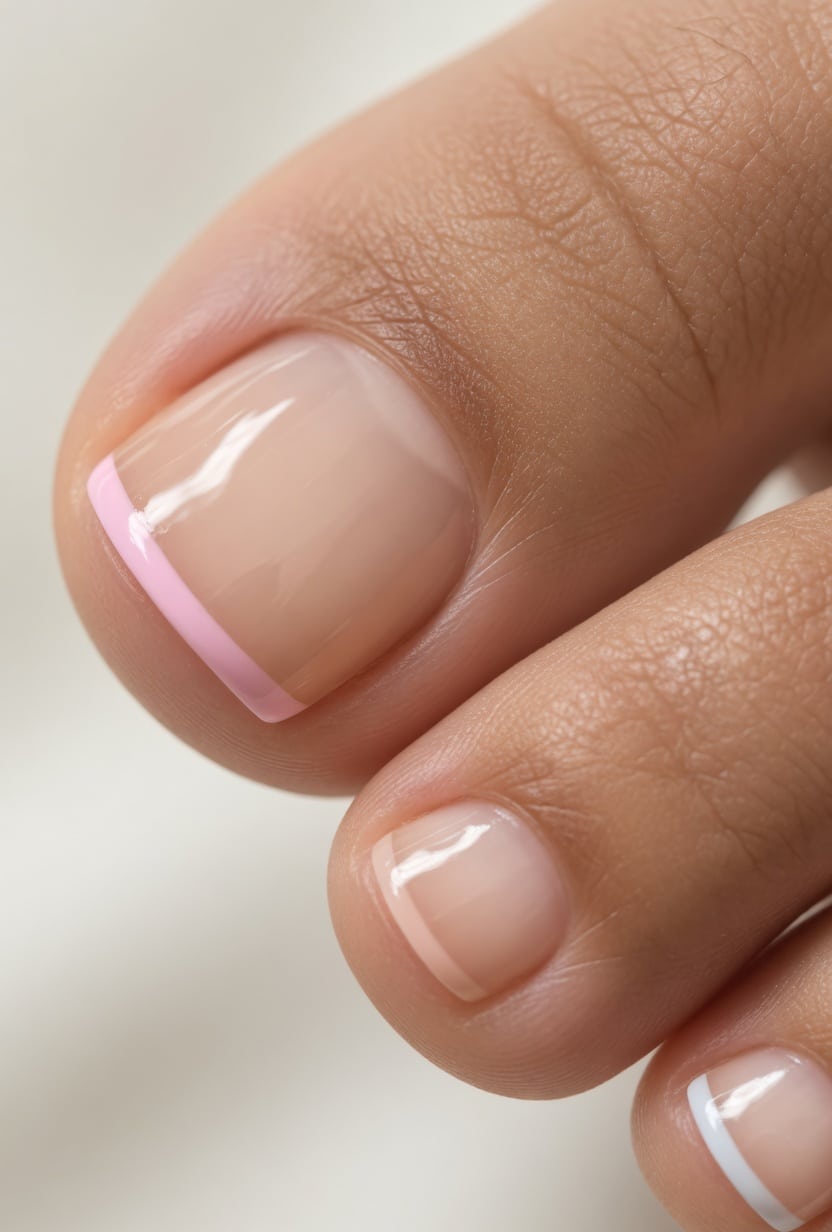 Pink summer French tip toes with glossy square toenails