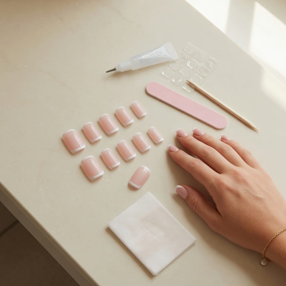 Press-on French nails with nail glue and manicure tools