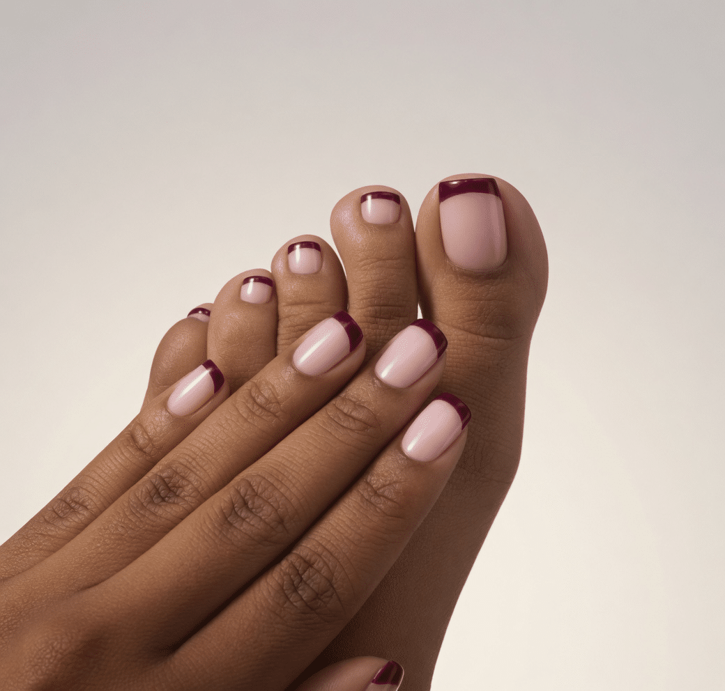 Red and white French tip toes with a glossy sheer nude base, clean red tips, and a subtle white accent on the big toe