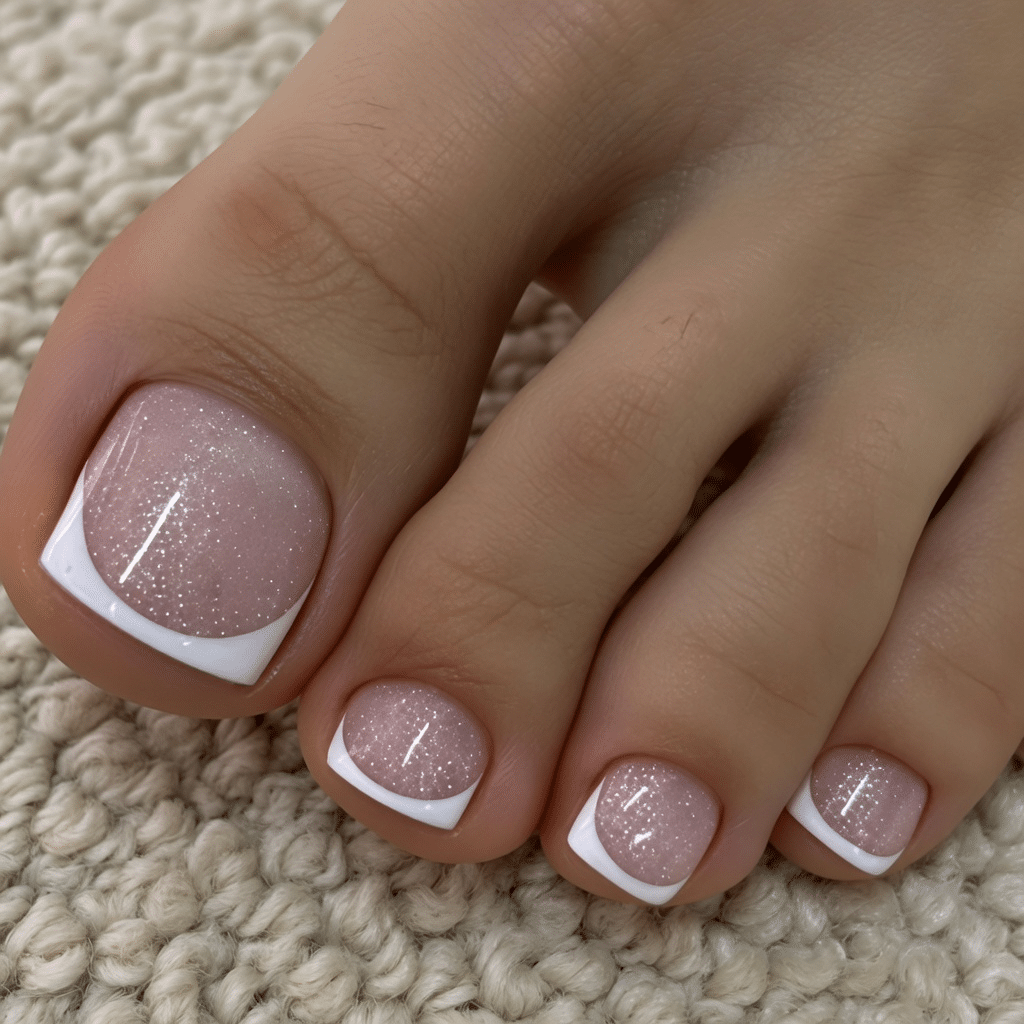 Soft square French pedicure with glossy white tips and minimal summer style
