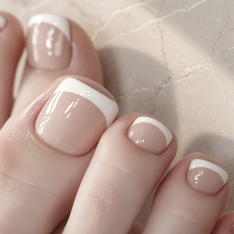 Soft gel French tip toes with glossy nude base and clean white tips.