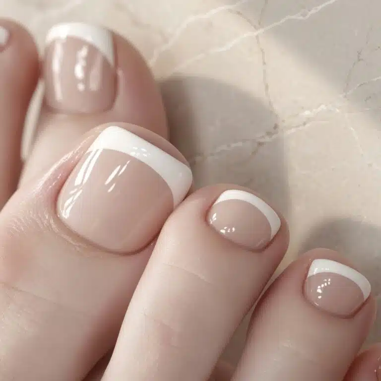 Soft gel pedicure with a glossy nude base and clean white tips.