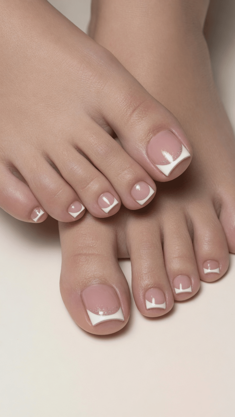 Square French tip toes with a glossy milky pink base and crisp white tips on short square toenails.