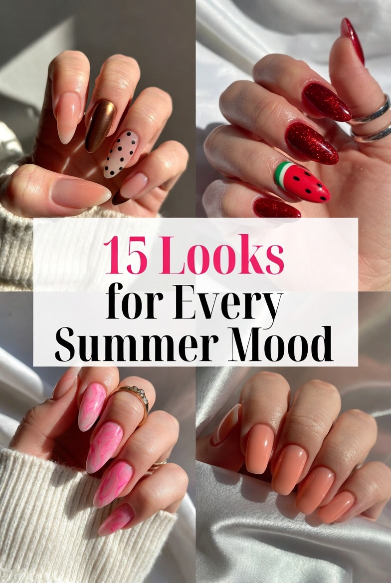 Four summer manicure styles shown in a clean collage with the text Summer Nail Ideas: 15 Looks for Every Summer Mood.