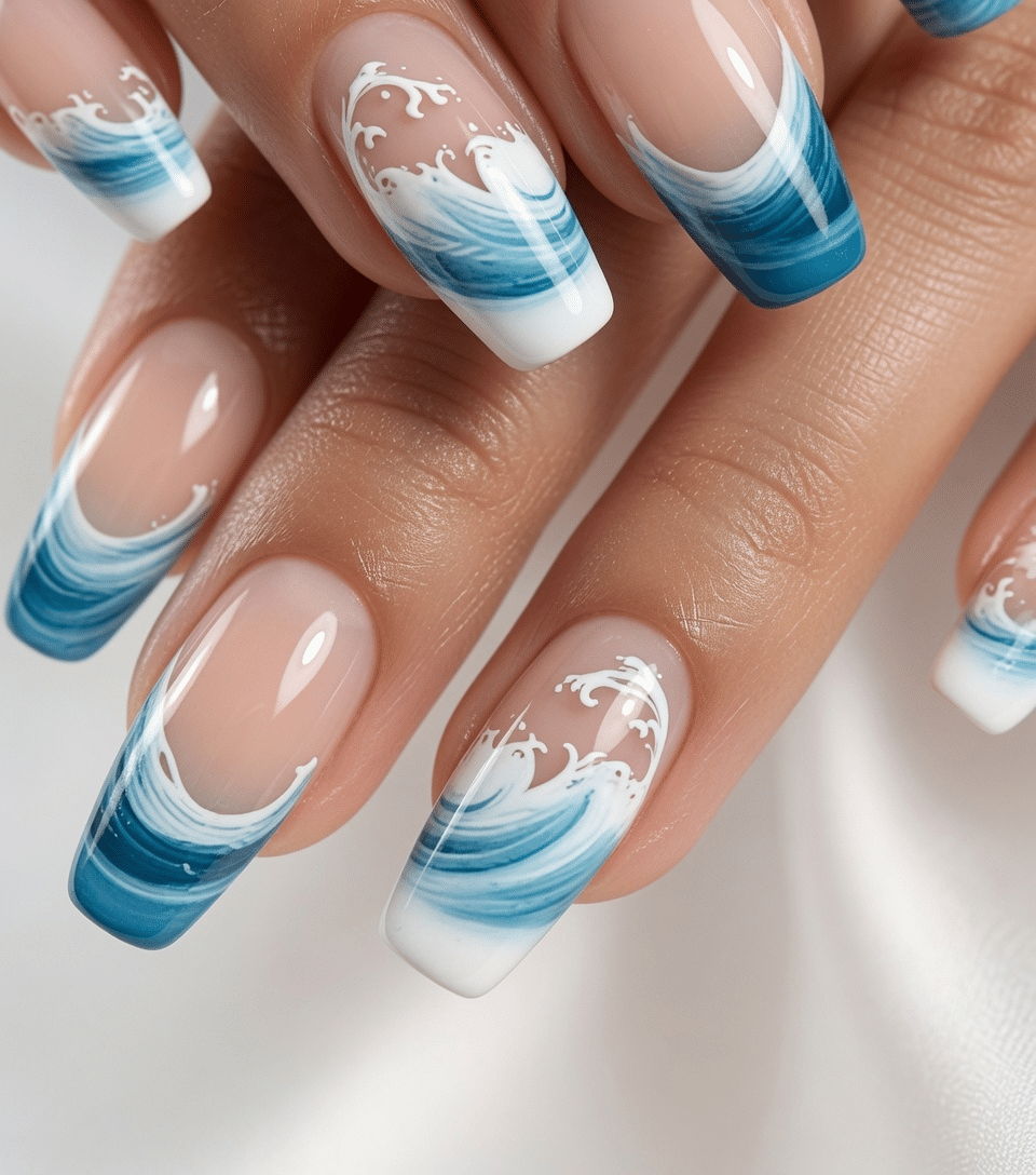 Beach wave summer nails featuring dark blue and white foam tips