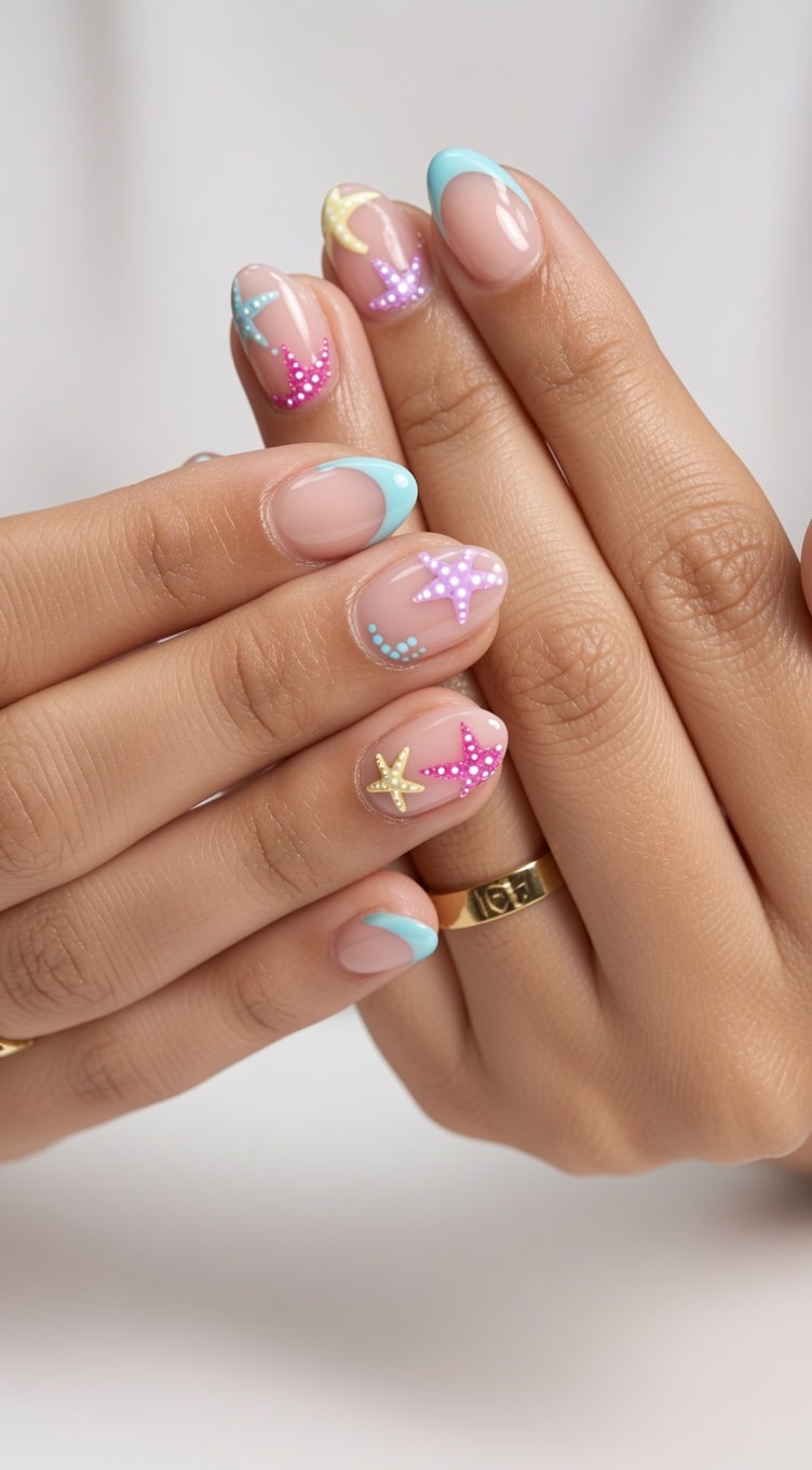 Three white nail design examples with blue, teal, and gold details beside a small starfish illustration.