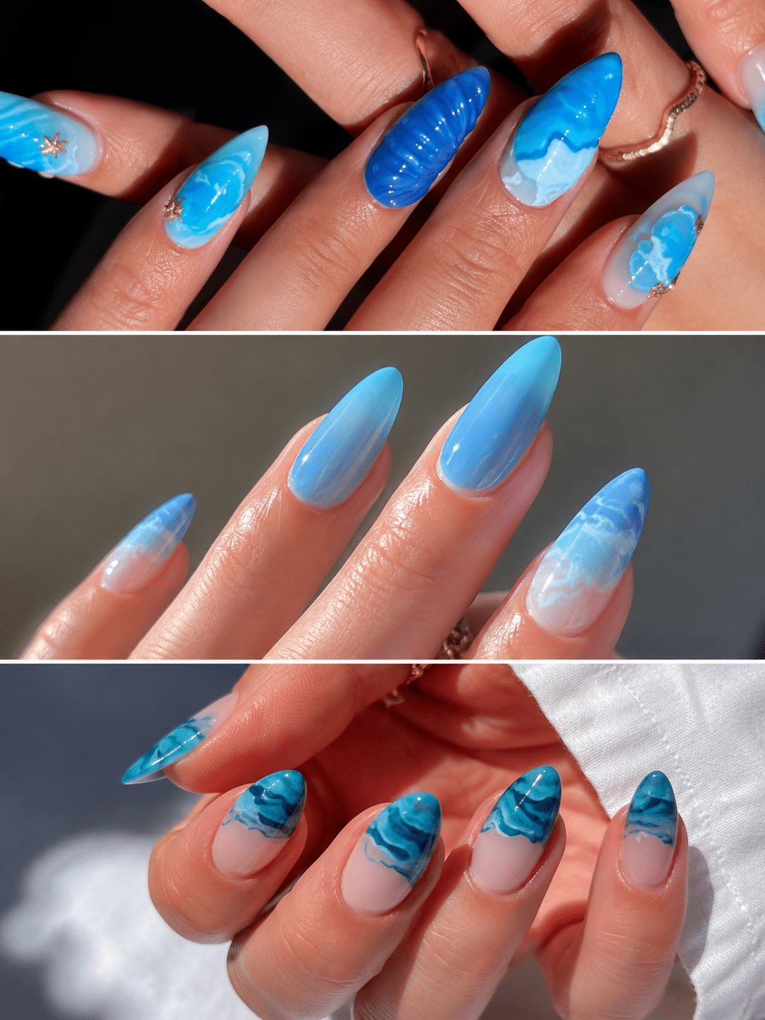 Blue French tip summer nails on a soft sheer base