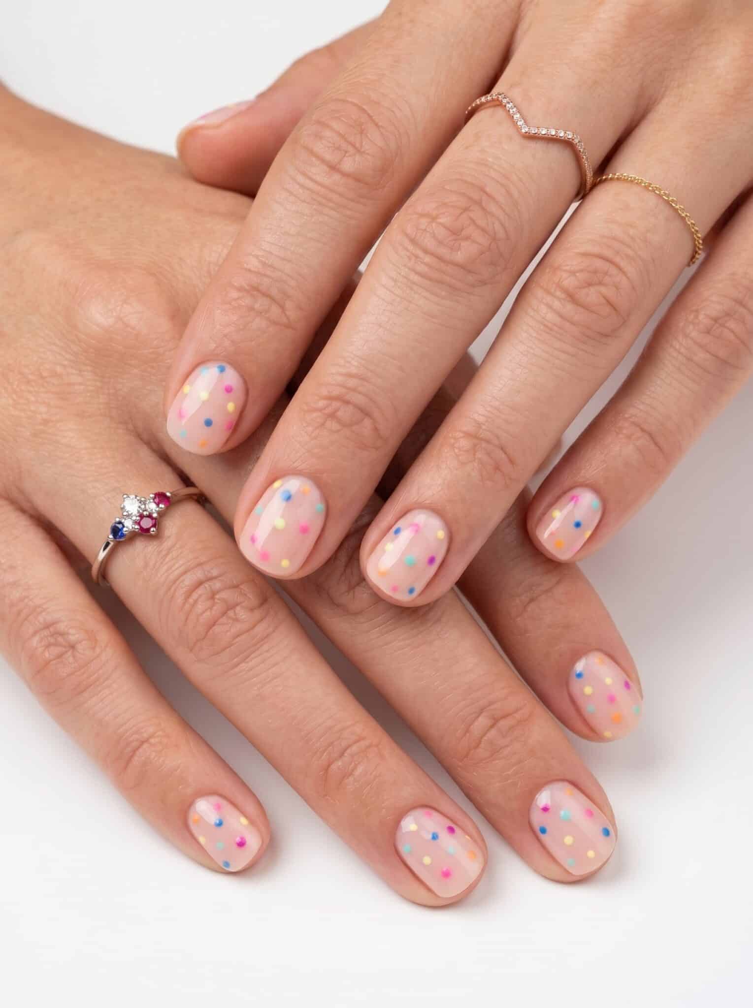 Blue almond nails with light blue white and navy polka dot accents