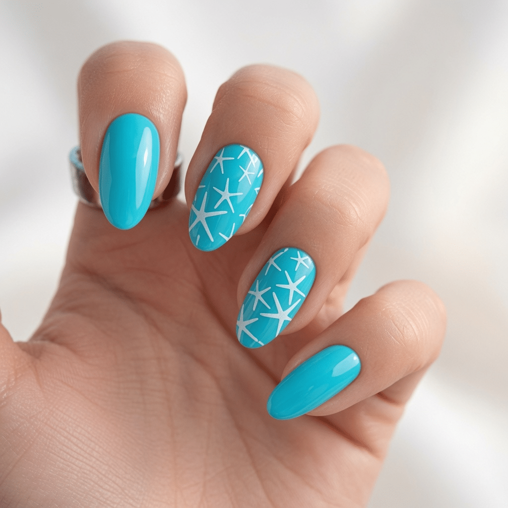 Vibrant blue summer nails decorated with white starfish accents