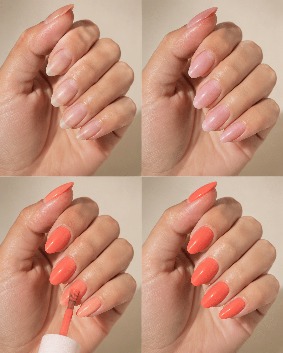 Step-by-step bright coral manicure tutorial with almond nails prep sheer nude base coral polish and glossy final result