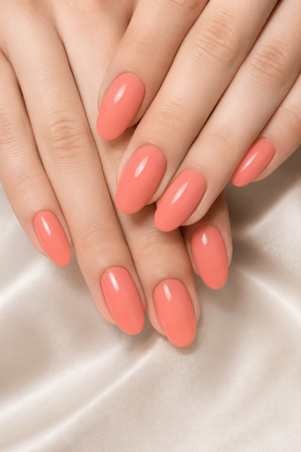 Bright coral summer nails with a glossy almond shape manicure