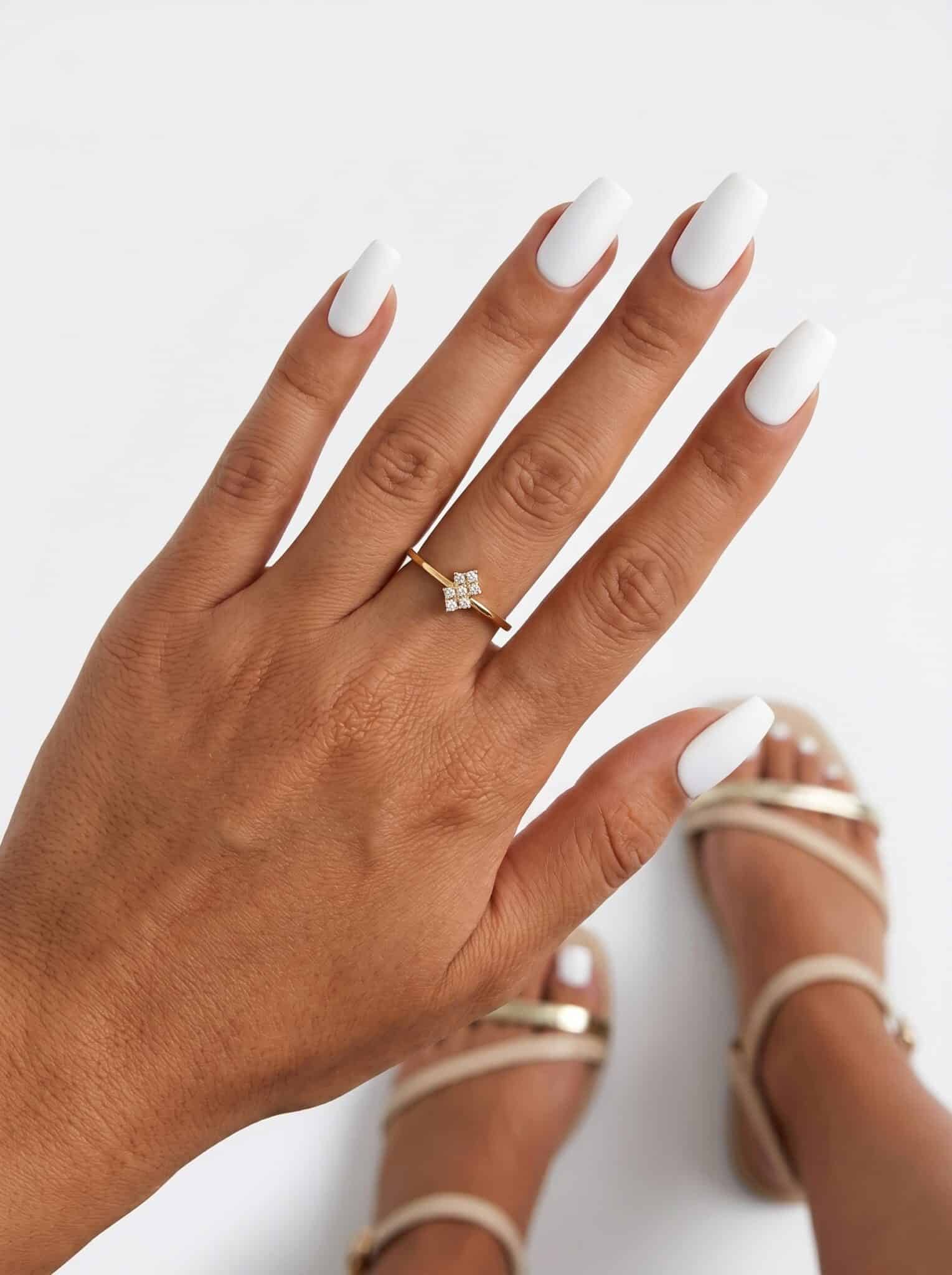 Bright white coffin nails photographed with summer sandals