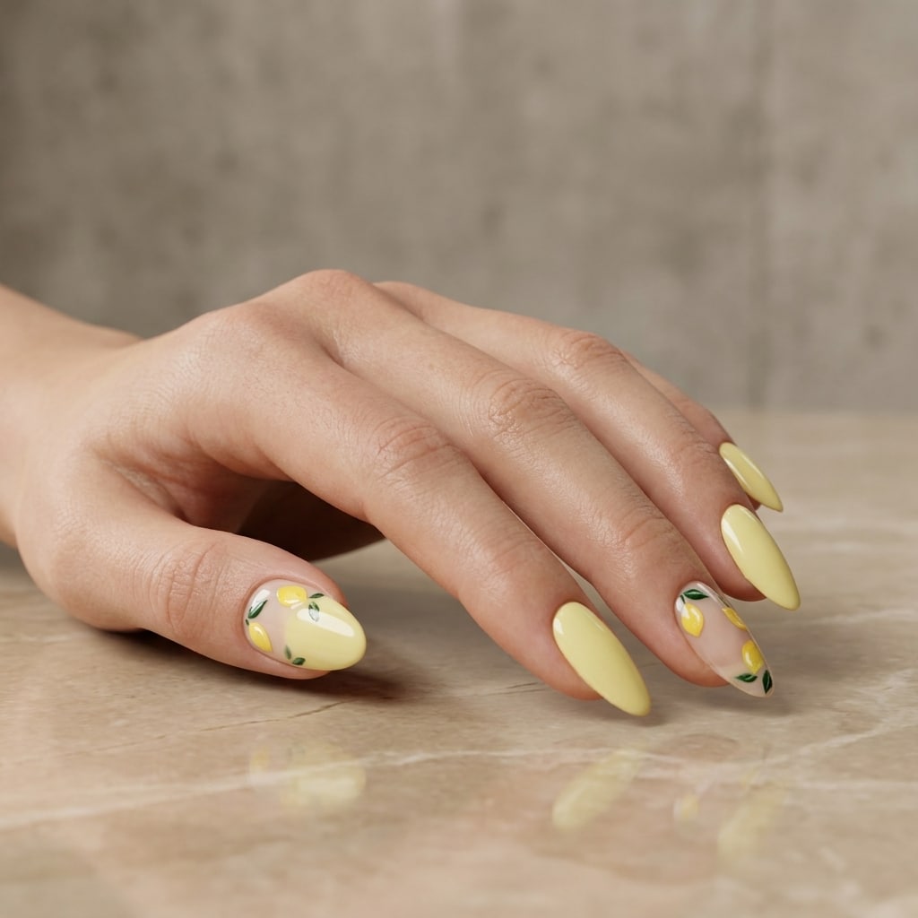 Butter yellow glazed summer nails with a soft glossy almond manicure