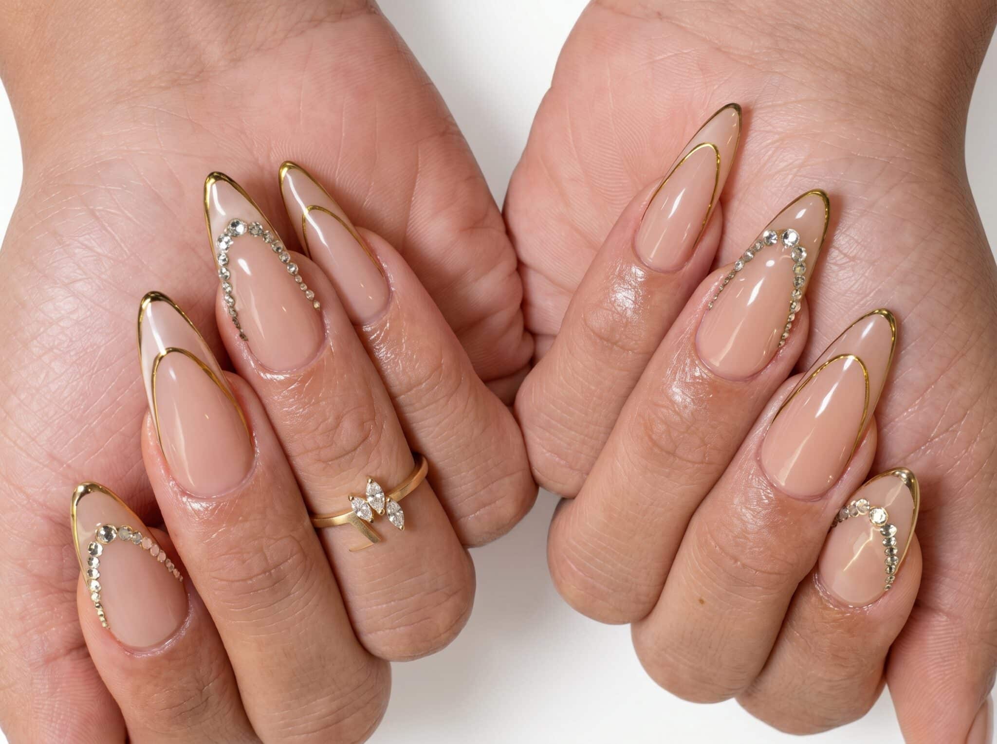 Champagne nude nails with a light reflective glazed finish