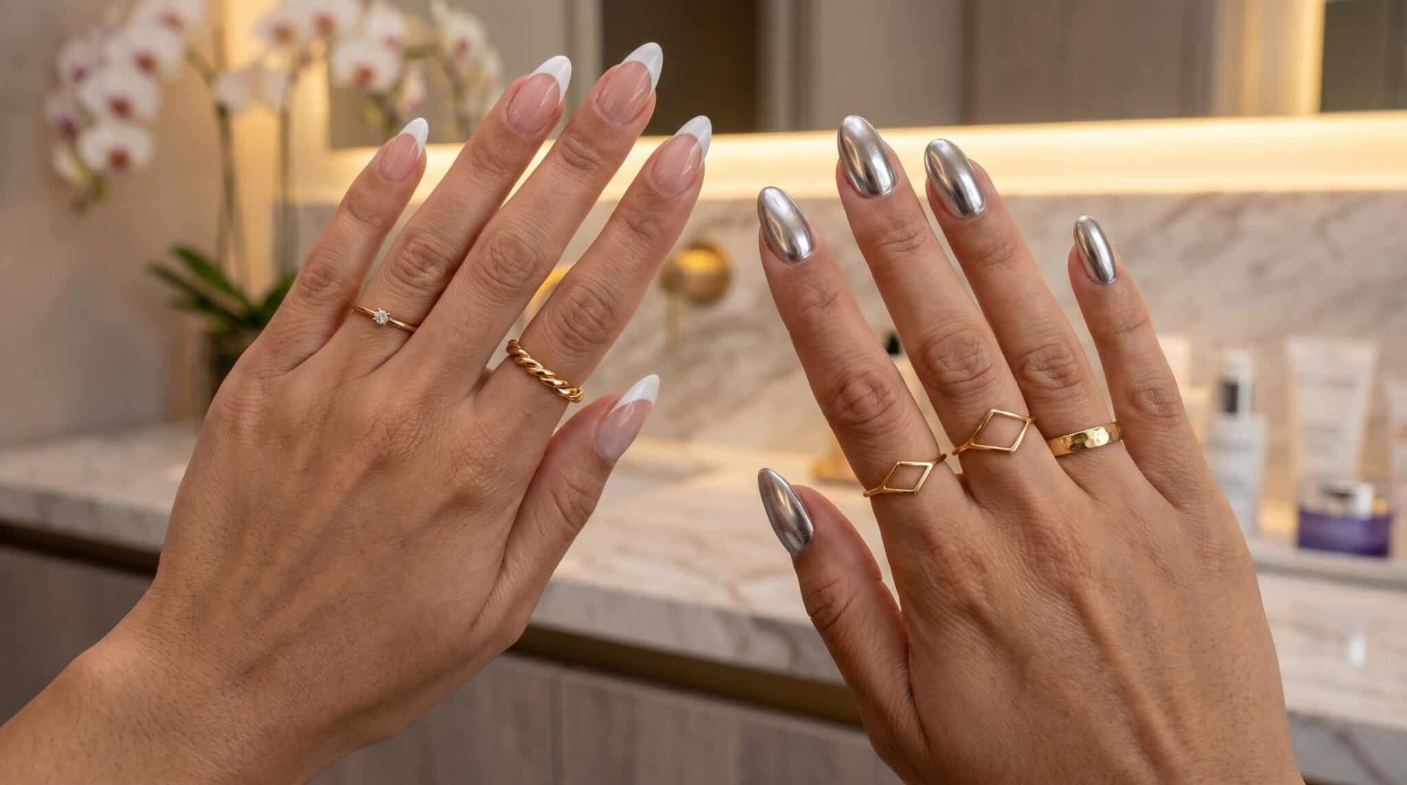 Bright pink chrome nails with warm reflective summer color on almond nails