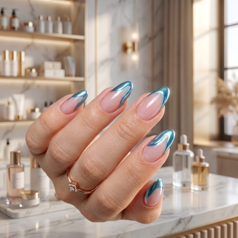 Chrome Summer Nails with glossy pink and silver reflective tips on almond nails