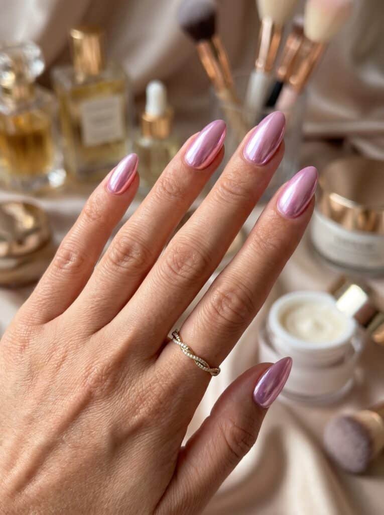 Colorful chrome almond nails with glossy pink purple and blue summer shine