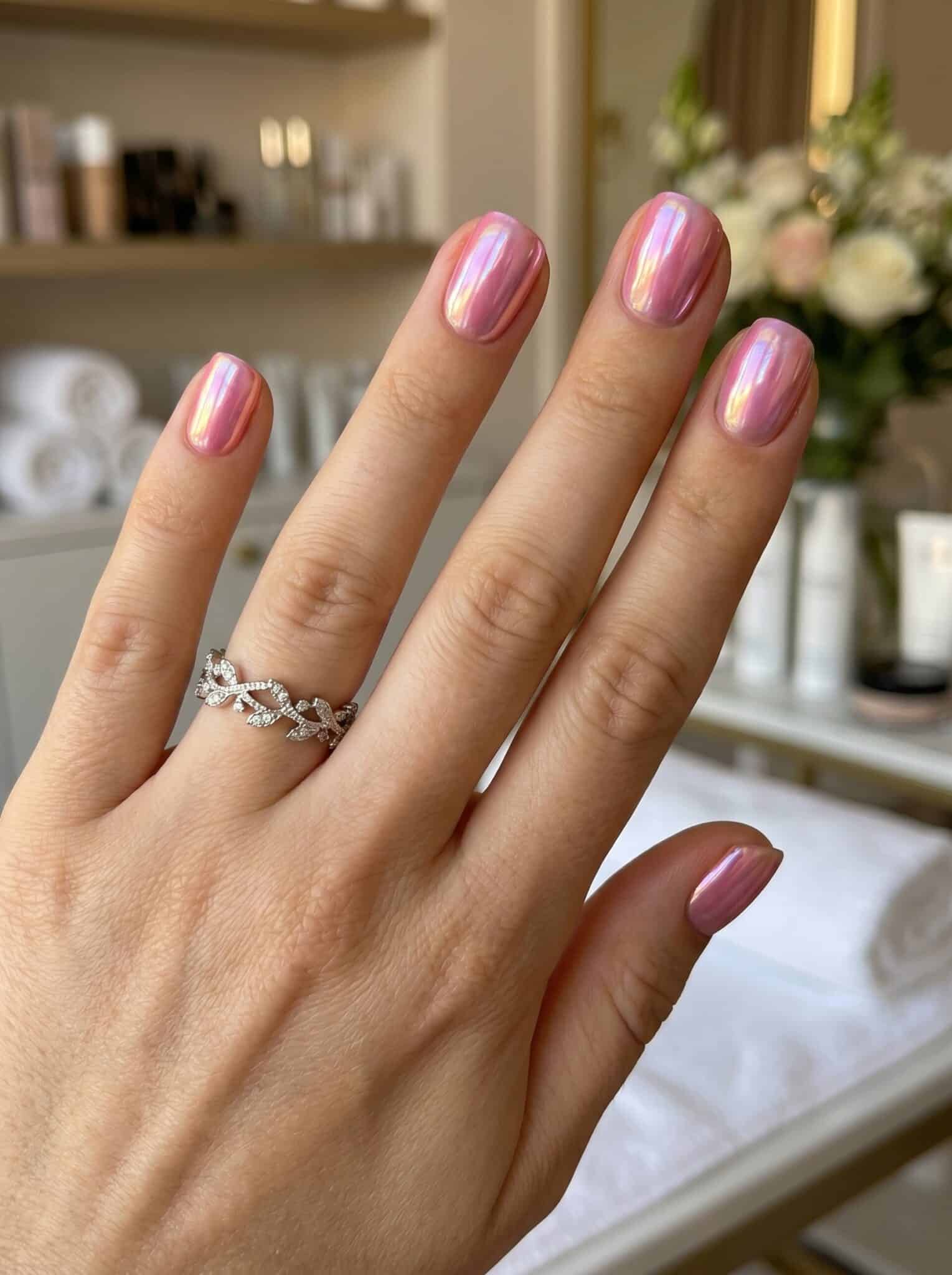 Two hands with glossy pastel chrome nails in a clean salon-style setting