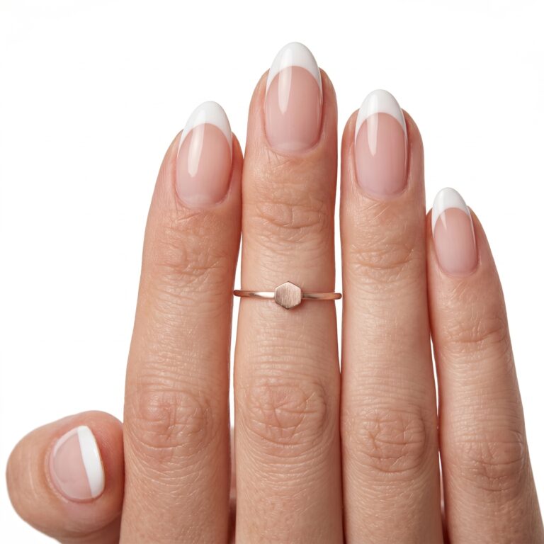 Natural almond nails with glossy white French tips