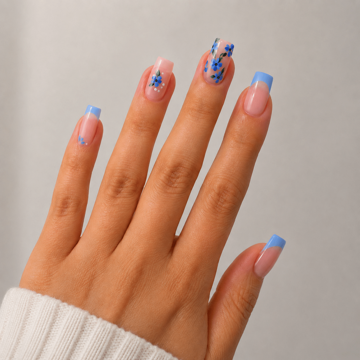 Colorful nail designs with blue polish and playful accent nails