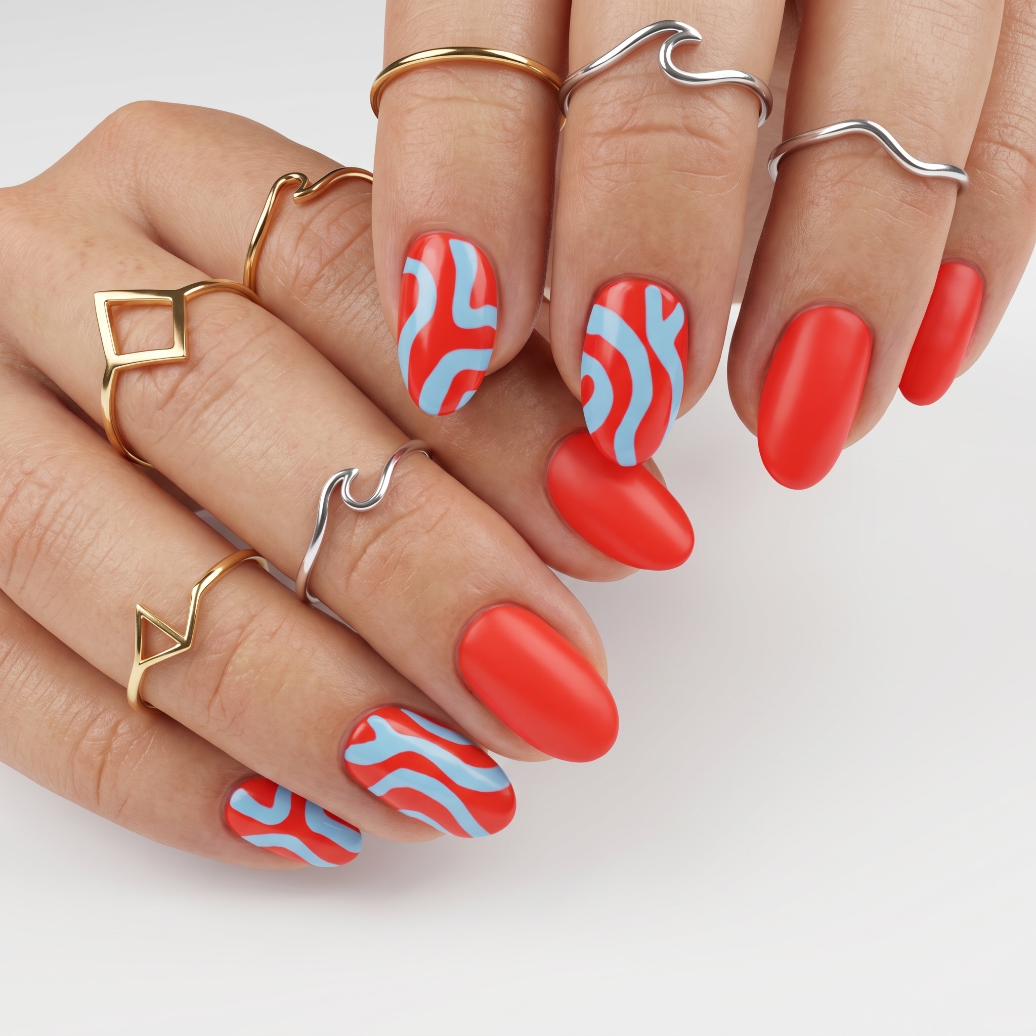 Coral nails with blue and white retro wave accent art