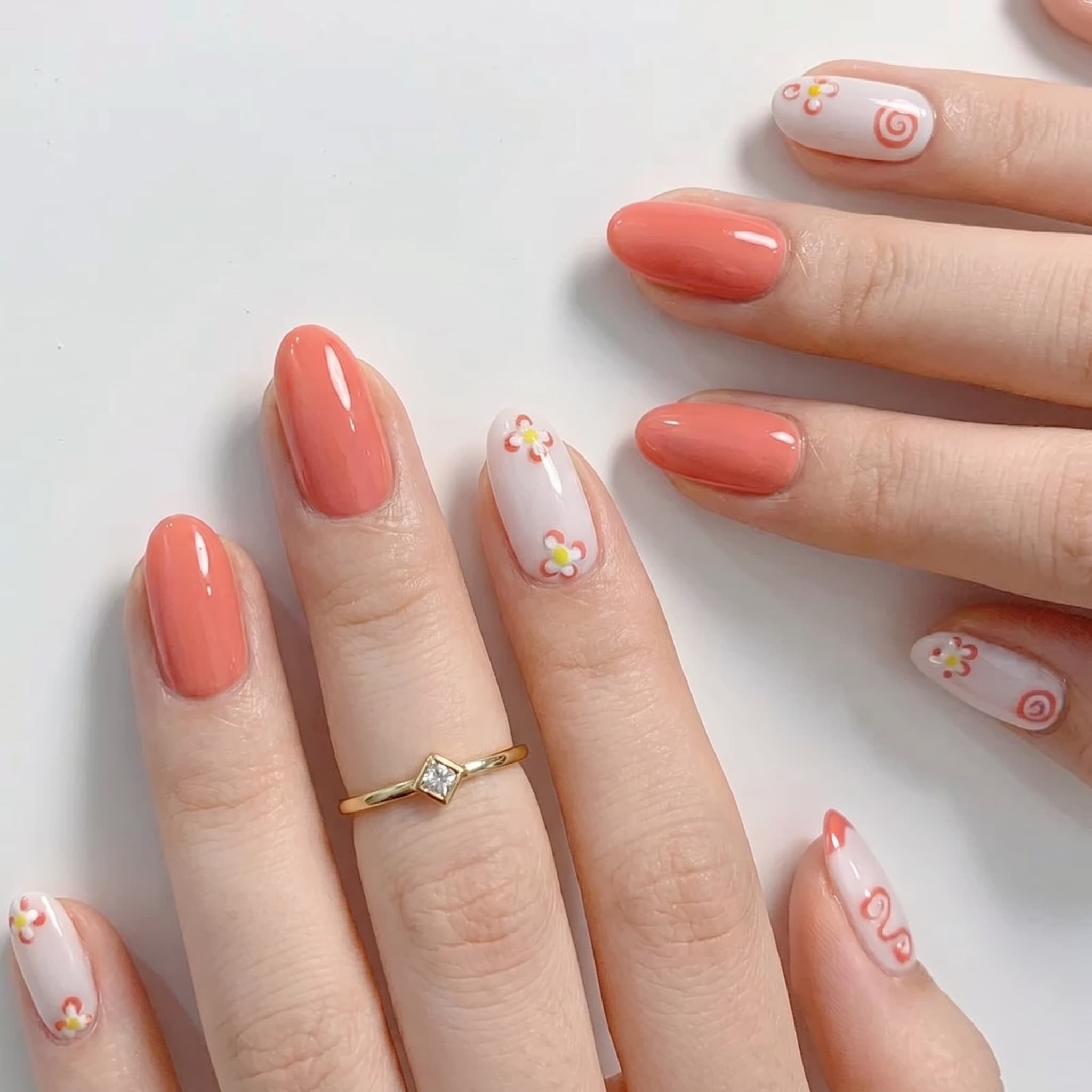 Simple Short Summer Nails with coral polish and micro French accent art