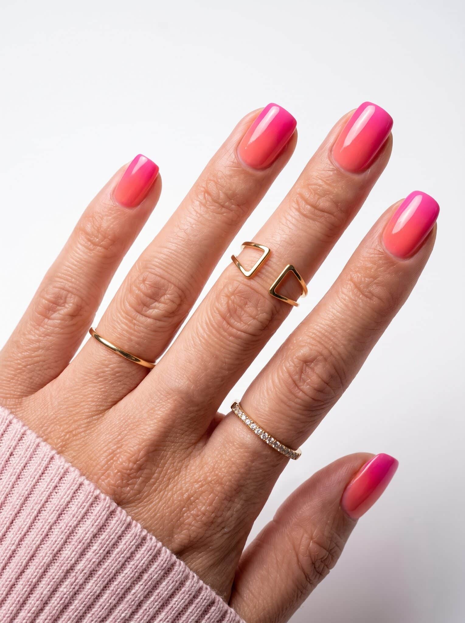 Almond nails in a glossy coral and hot pink color gradient
