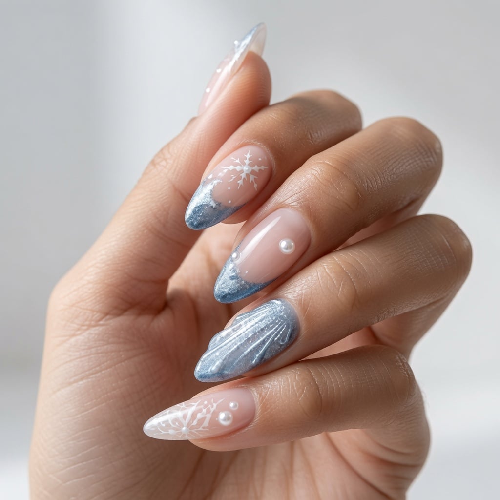 Almond-shaped nails with baby blue white and pale pink polish
