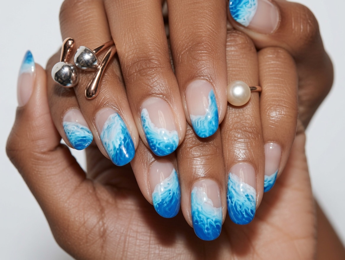 Almond nails with white and bright blue ombré tips