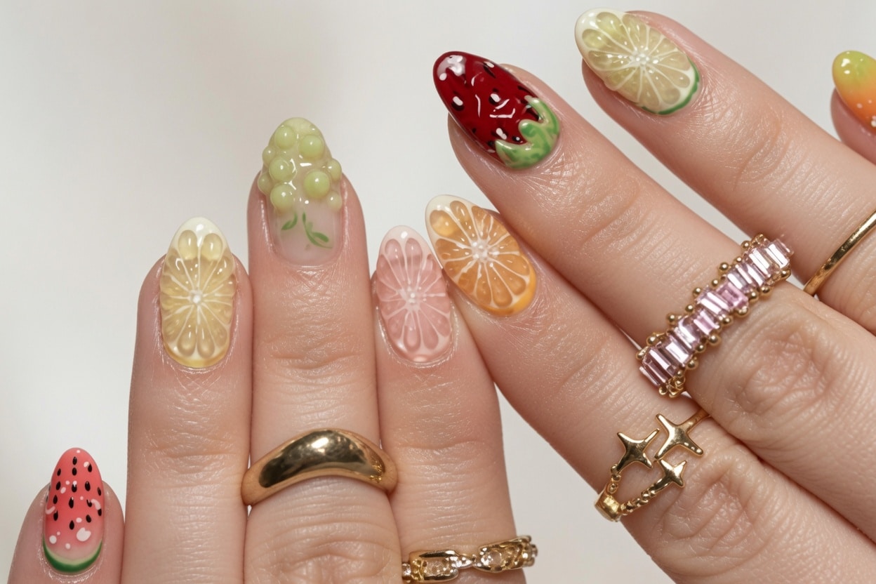 Almond nails with green gold and red decorative details