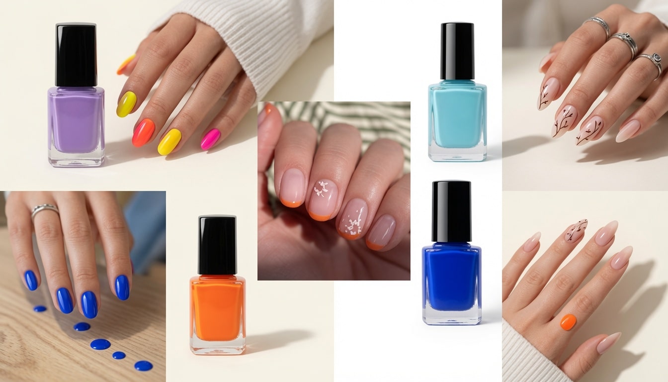 Cute Vacation Summer Nails mood board with colorful manicure ideas and nail polish bottles