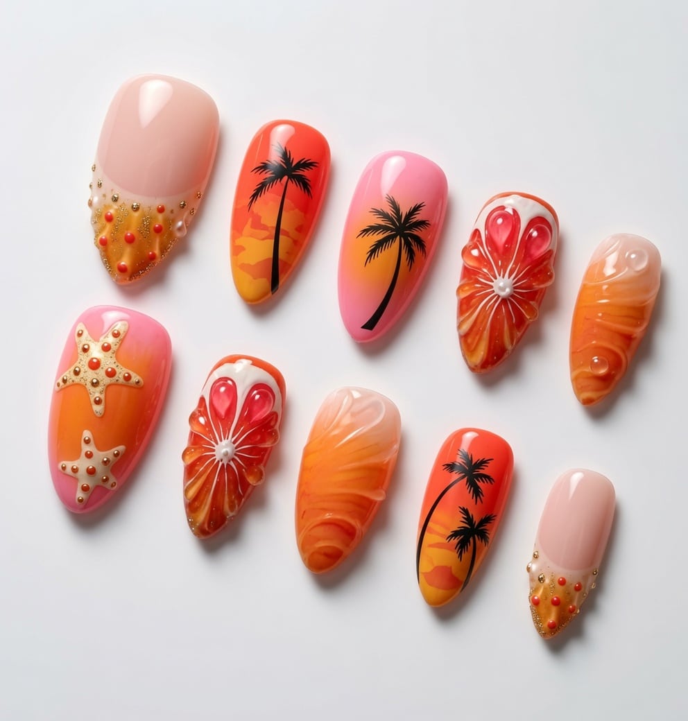 Orange nails with black palm tree designs and tropical painted details