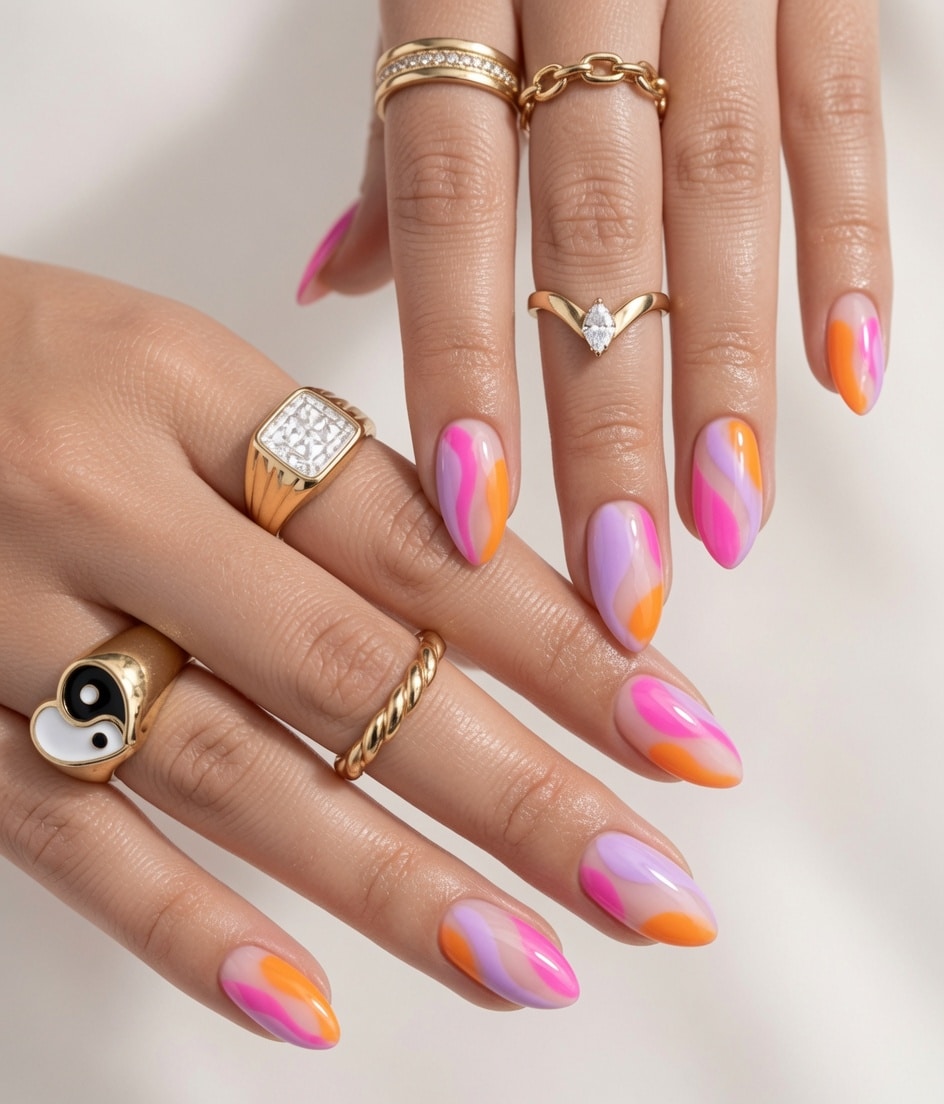 Long almond nails with bright pink and yellow French-style tips.