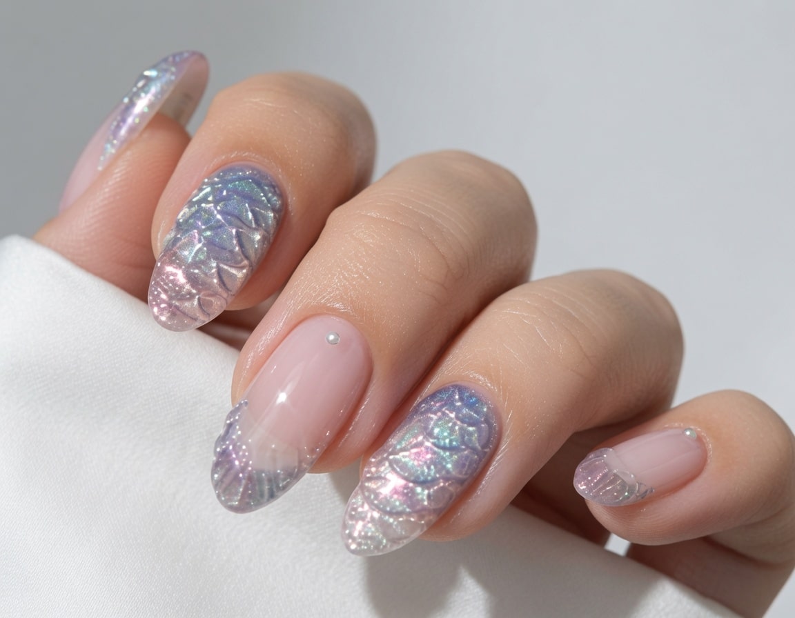 Nude and soft pink almond nails with silver glitter accent details