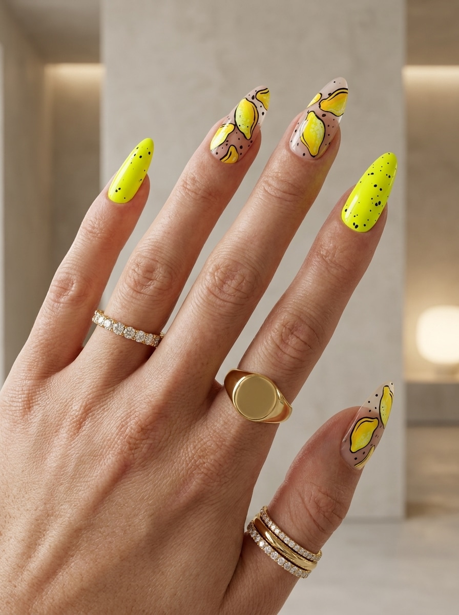 Daisy lemon yellow summer nails with small white flowers and citrus accents