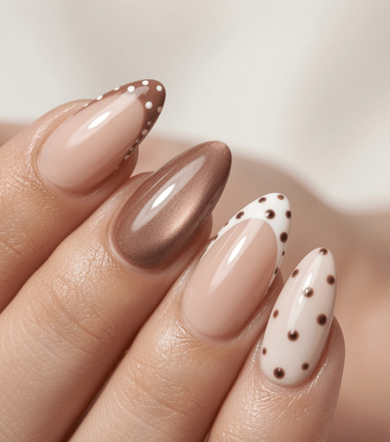 Glossy Nude Summer Nails with brown dot accents