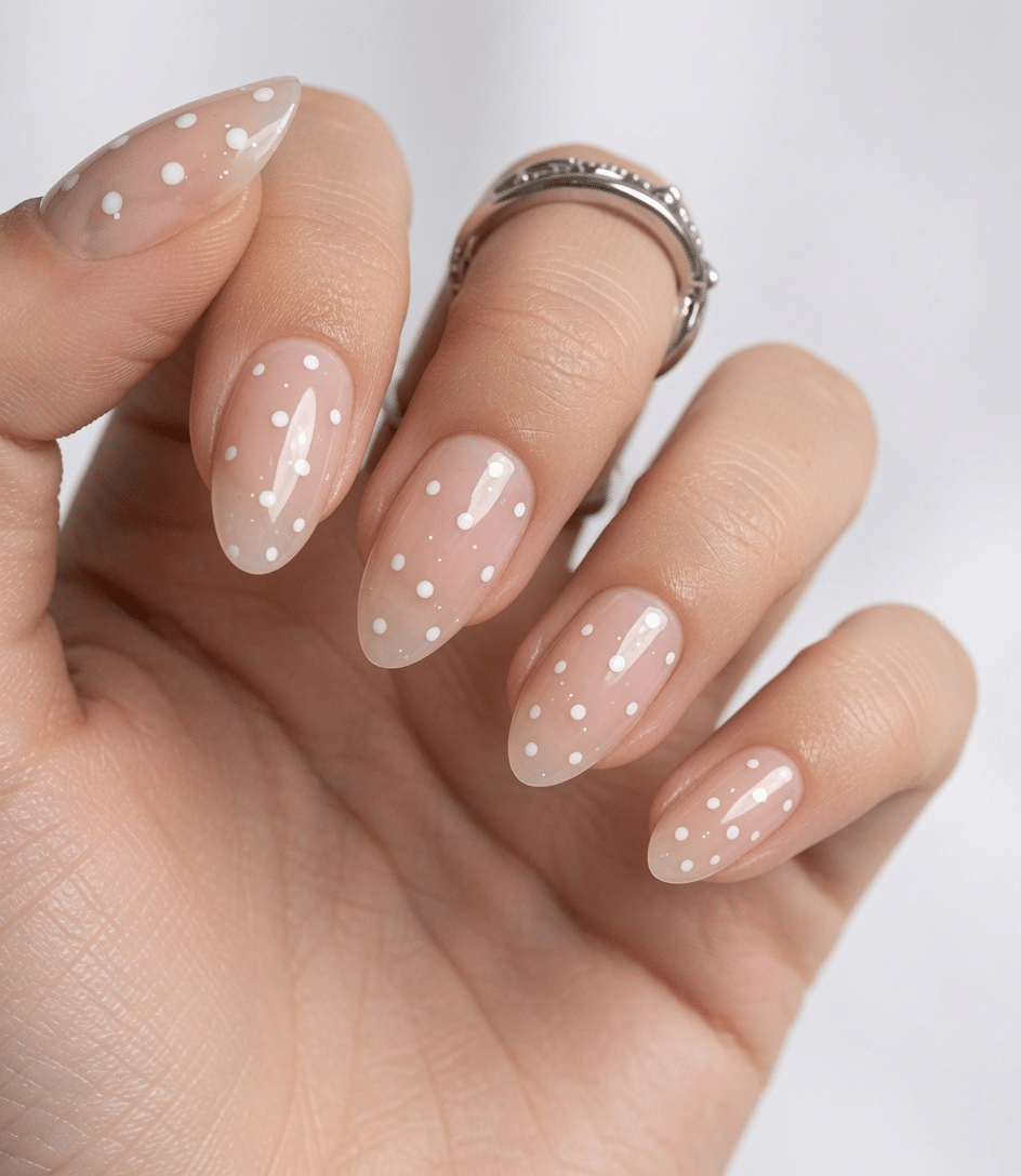 Glossy nude manicure with minimal dot art
