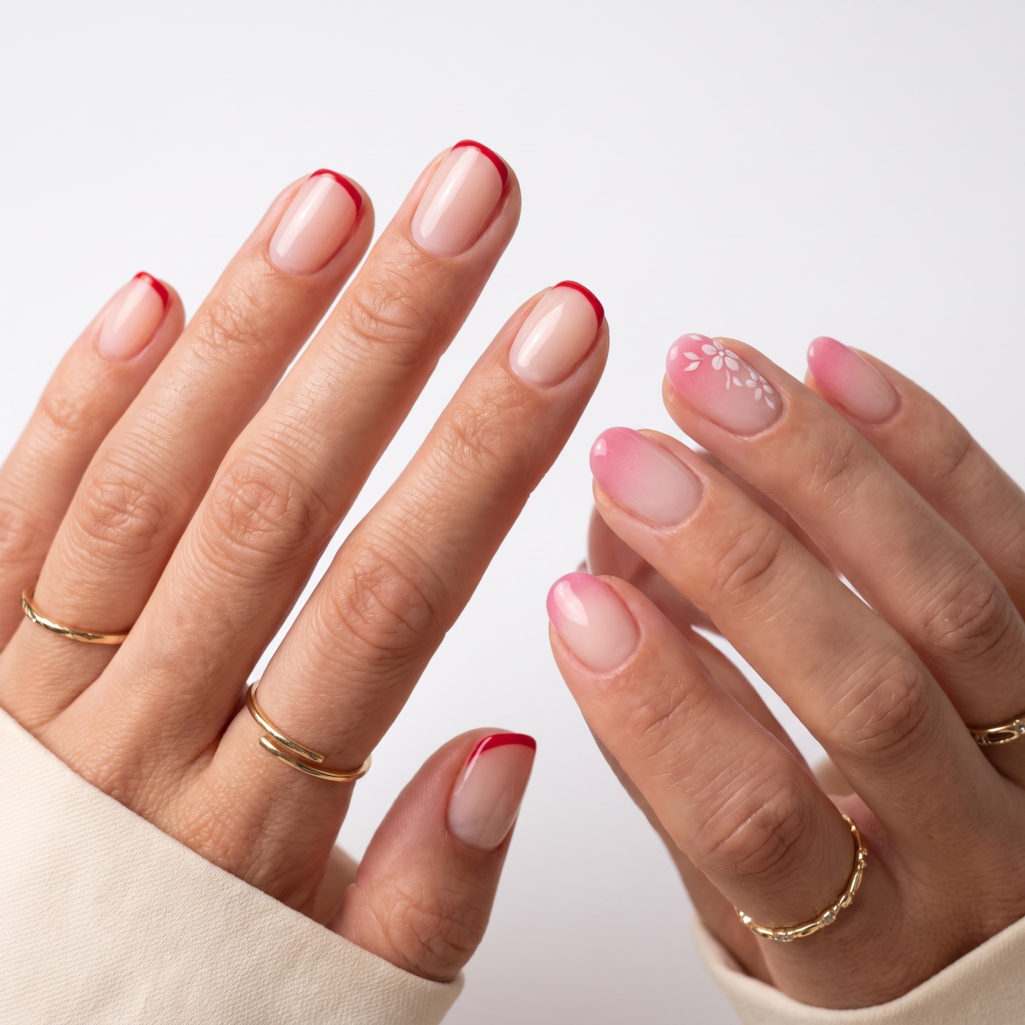 Nude almond nails with hot pink French tips and pink accent details