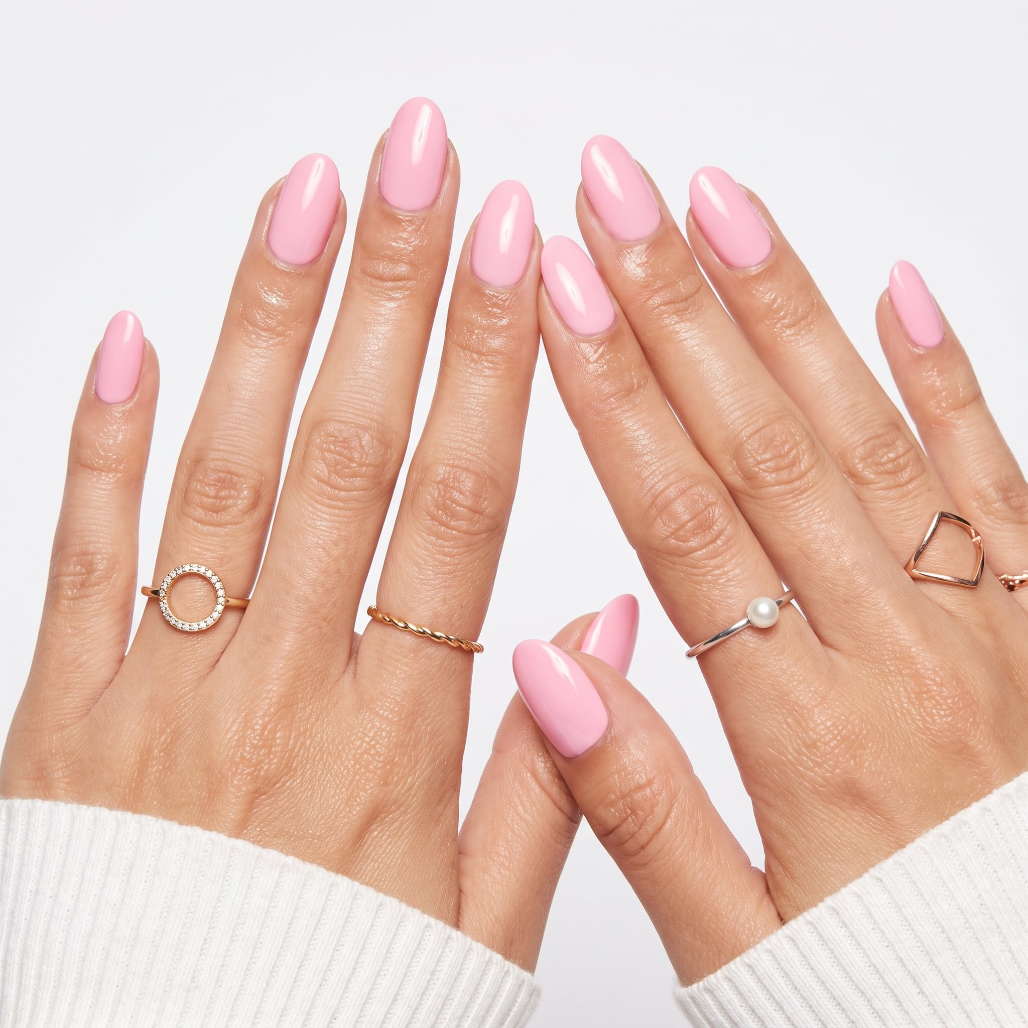 Bright hot pink nails with darker pink swirl accents