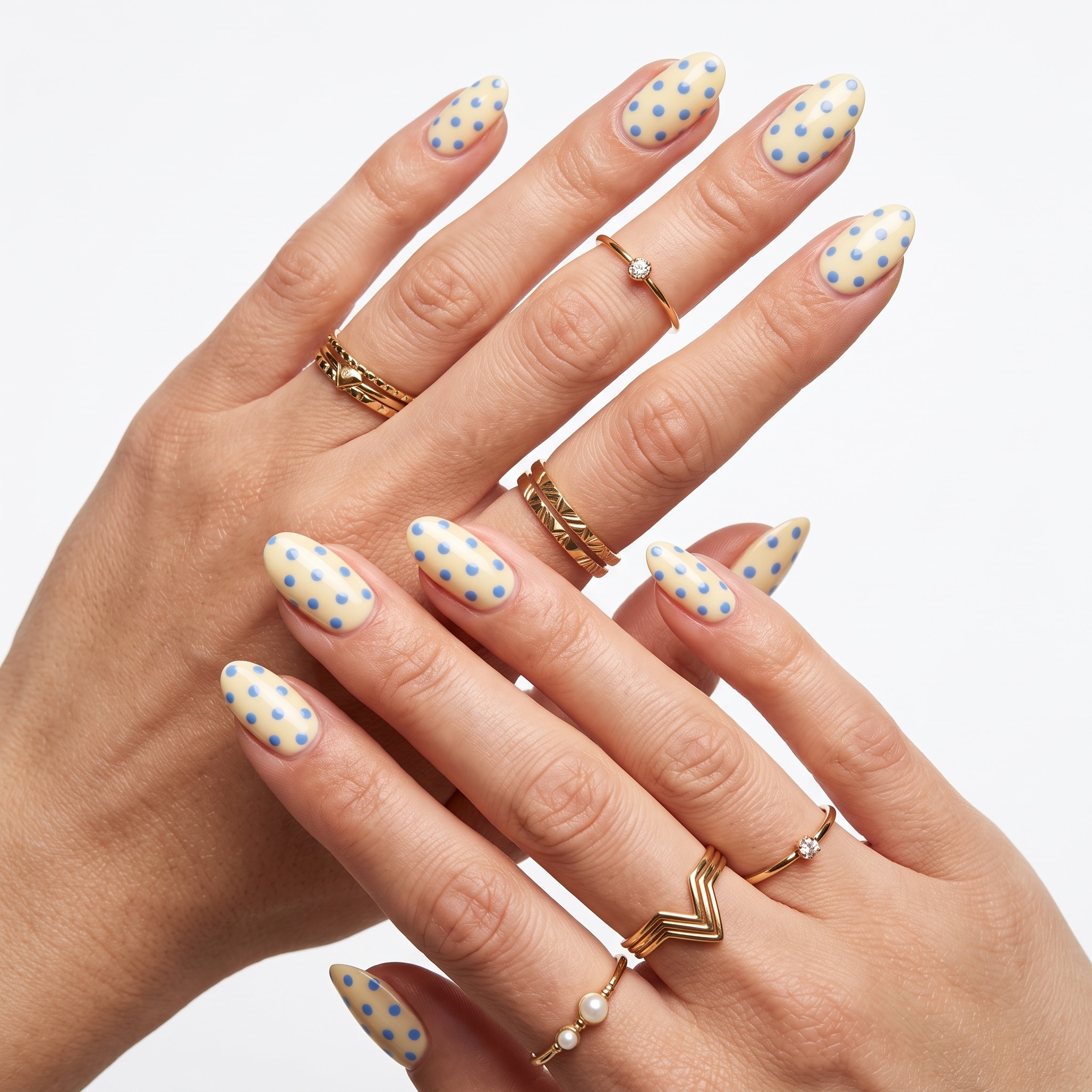 Lavender blue almond nails with small blue polka dot accent nails